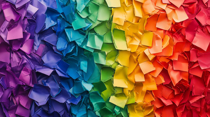A colorful collage of paper with a rainbow pattern. Concept of creativity and playfulness, as the various colors and shapes come together to form a vibrant and dynamic composition