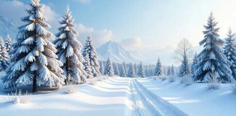 A snowy landscape in winter, featuring frosted trees and a blanket of pristine white snow covering the ground  Perfect for winter, holiday, or seasonal themes ,  idyllic,  frozen,  serene