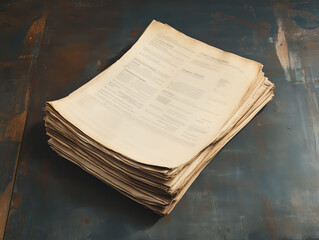 A stack of old papers with a blurry background. The papers are yellowed and appear to be from a bygone era. Scene is nostalgic and somewhat melancholic