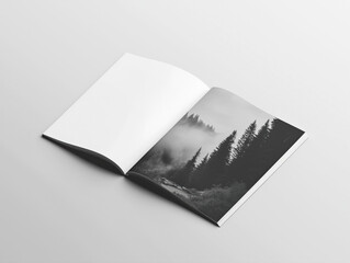 A book is open to a page with a forest scene. The trees are tall and the sky is cloudy