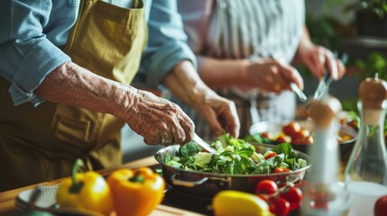 Close-up of a caregiver helping a senior with daily activities like cooking.