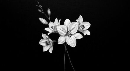 Obraz premium Monochrome Illustration of Delicate White Flowers on Dark Background
