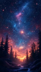 Starry night sky over forest stream