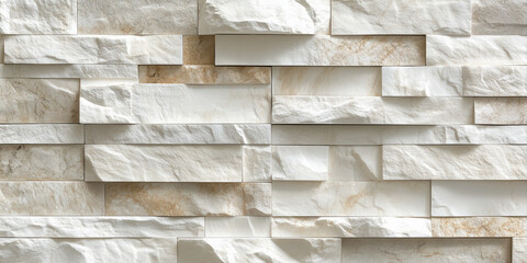 A wall made of white and brown stones. The wall is made of many different sized stones. The wall is very textured and has a lot of detail