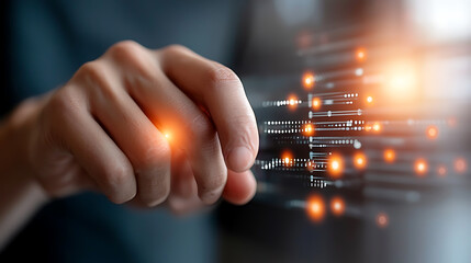 Innovative technology action digital space hand gesture virtual environment close-up view data interaction