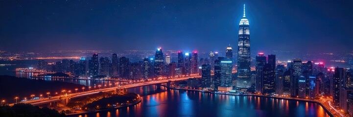 Obraz premium A vibrant cityscape at night, twinkling stars reflecting in skyscraper windows, creating a dazzling urban nightscape , city, night sky, pattern