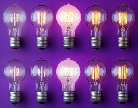 Ten vintage incandescent light bulbs arranged in two rows on a purple background with one bulb lit in each row emitting warm yellow light