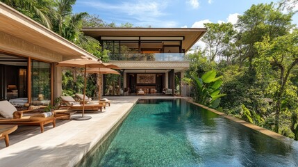 Fototapeta premium Exquisite Modern Tropical Villa Retreat with Infinity Pool and Lush Greenery