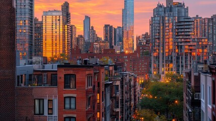 Obraz premium Vibrant Sunset Over Cityscape with Modern and Historic Buildings