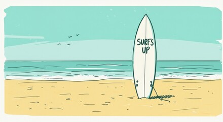 Illustration of Surfboard on Sandy Beach with Surfs Up Text