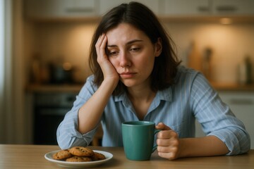 Woman Feeling Exhausted and Depressed, Sipping Coffee While Staring at a Plate of Cookies