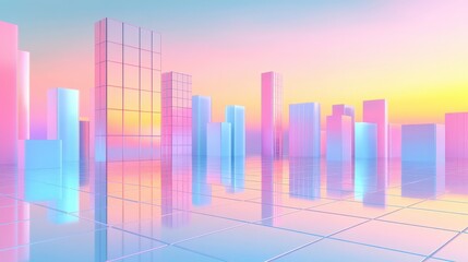 Abstract Urban Landscape with Neon Colors at Sunset Reflection
