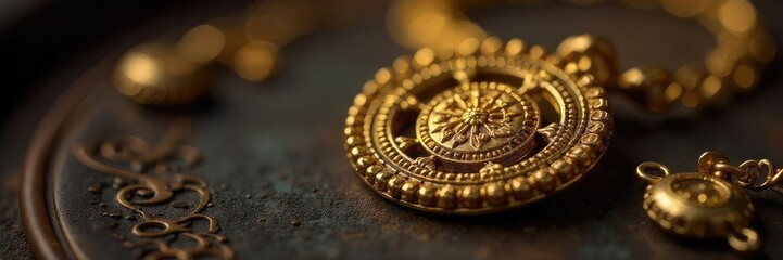 Close-up of antique gold jewelry, intricate detailing, luxurious feel, aged patina, vintage charm, timeless elegance , riches, reflection, past