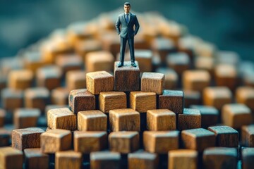 Miniature businessman figurine standing confidently on top of a wooden cube pyramid symbolizing leadership and success
