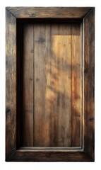 Empty rustic wooden frame with visible wood grain and natural warm light casting shadows on the surface