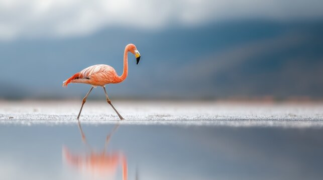 Andean flamingo walking, lagoon reflection, mountains