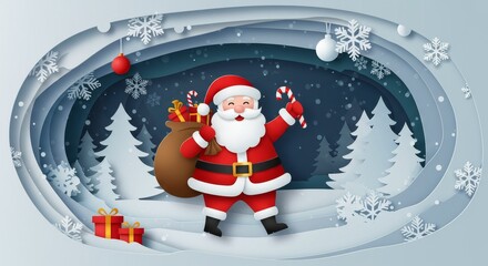 Illustration Santa Claus in Snowy Forest Christmas Night
