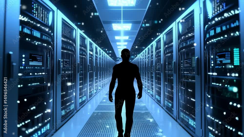 Poster a silhouette of a person walking through a data center filled with server racks and glowing lights.