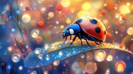 Dew-kissed ladybug on a leaf, vibrant bokeh background