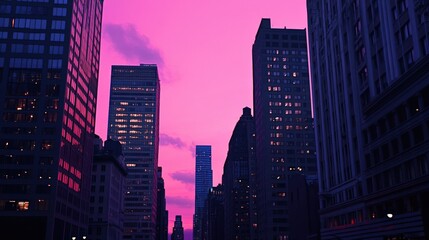 Majestic Sunset Over City Skyline with Vibrant Purple Sky
