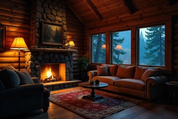 Cozy cabin interior illuminated by warm, inviting lamps and fireplace, creating a serene and comfortable atmosphere perfect for a relaxing getaway , room, getaway