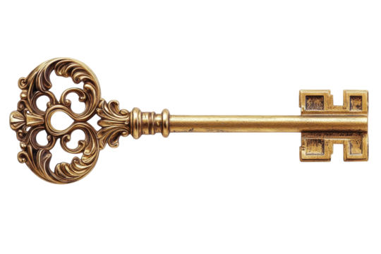 An ornate golden key representing unlocking secrets of the past casting a spellbinding vintage on transparent background