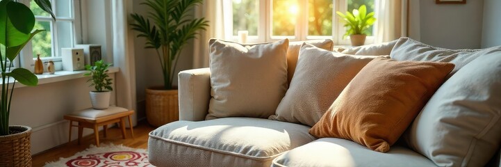 Cozy living room scene featuring a plush, oversized cushion on a comfortable sofa, perfect for relaxing and unwinding  Soft natural light streams in through a nearby window ,  cozy,  textile