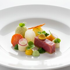 Modern Cuisine Photo: Artfully Plated Pork Dish with Vegetables