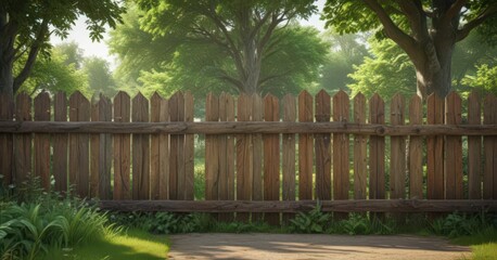 Fototapeta premium Rustic wooden fence, vibrant poster, lush green park background, advertising, horizontal