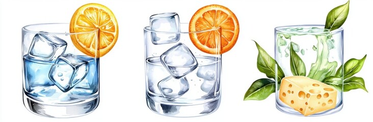 Illustration of drinks with ice, orange, and herbs.