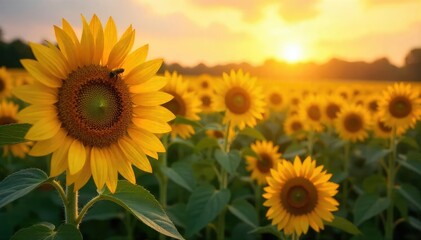 Obraz premium Golden hour sunlight bathes ripe sunflowers in a vast, summer agricultural field Busy bees buzz around the blooms, a quintessential summer harvest scene , pollination, daylight