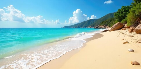 Fototapeta premium Golden sand stretches along a pristine coastline, turquoise water gently laps the shore, seashells scattered along the tideline A tranquil scene of untouched natural beauty , beach, shells, untouched