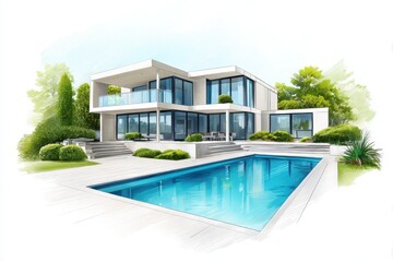 Fototapeta premium Modern house with pool architecture on white background
