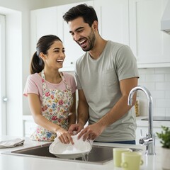Photo: Happy Couple Washing Dishes Together In Kitchen