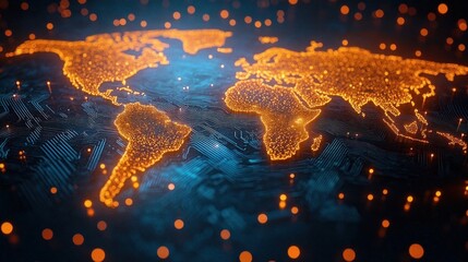 Glowing digital world map with orange illuminated continents on a dark blue circuit board background, representing global connectivity and technology