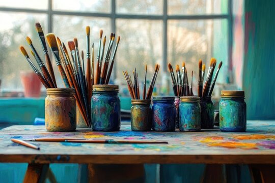Various sizes of paintbrushes stored in colorful paint-stained jars lined up on a wooden table in front of a large window with soft natural light