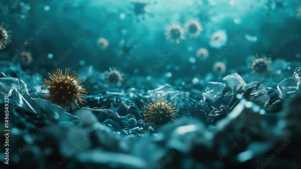 Poster abstract underwater scene depicting virus particles surrounded by translucent elements and bluish to