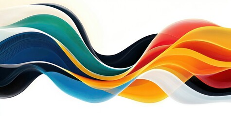 Abstract flowing waves of vibrant colors including blue, green, black, orange, yellow, red, and white on a light background creating a dynamic and energetic visual effect