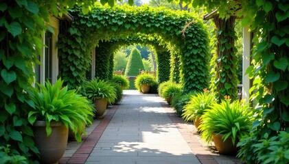 Obraz premium Lush green foliage overflowing from planters lines a charming walkway, creating a vibrant and inviting outdoor space Perfect for garden, landscaping, and nature themes , plant life, pathway