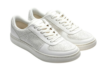 Crisp clean and classic a pair of all white leather sneakers embodying minimalist style and on transparent background