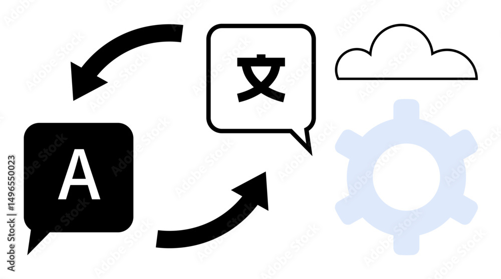 Poster speech bubbles with arrows between english and non-english text, representing language translation. 