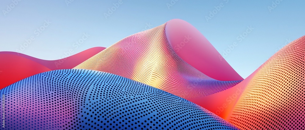 Poster abstract undulating surface with dotted texture and vibrant color gradient render