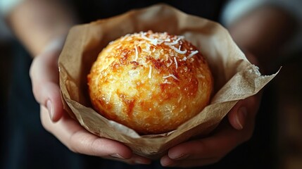 Close-up of hands holding a golden brown baked round bread roll topped with grated cheese wrapped in brown paper