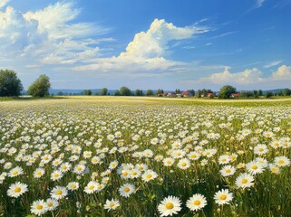 Expansive field of blooming white daisies under a bright blue sky with scattered clouds and distant trees and buildings on the horizon, evoking calm and natural beauty