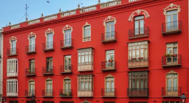 Photo: Red Apartment Building Facade with Ornate Details - Powered by Adobe