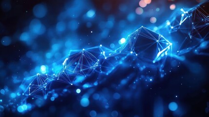 Abstract digital representation of a molecular or neural network with interconnected glowing blue nodes and lines on a deep blue blurred background