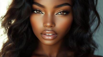 Fototapeta premium Close-up portrait of a confident woman with glowing golden makeup and soft wavy dark hair looking directly at the camera