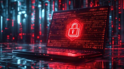 Laptop displaying a glowing red padlock icon surrounded by binary code representing cybersecurity and data protection in a digital environment