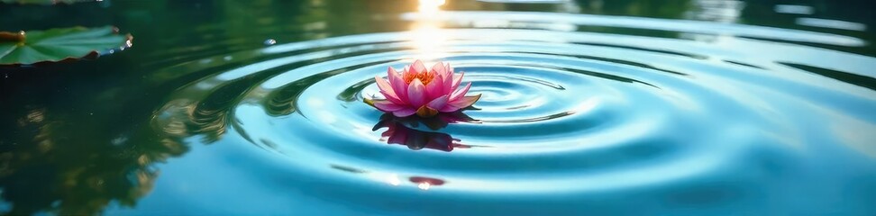 Serene ripples in a tranquil pond reflecting a clear sky, creating a mesmerizing, peaceful pattern of nature's calm Perfect for relaxation and meditation themes , outdoor, meditation