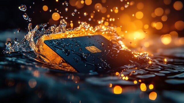 Close-up of a dark credit card partially submerged in water with splashes and warm glowing bokeh lights creating a dramatic and dynamic scene